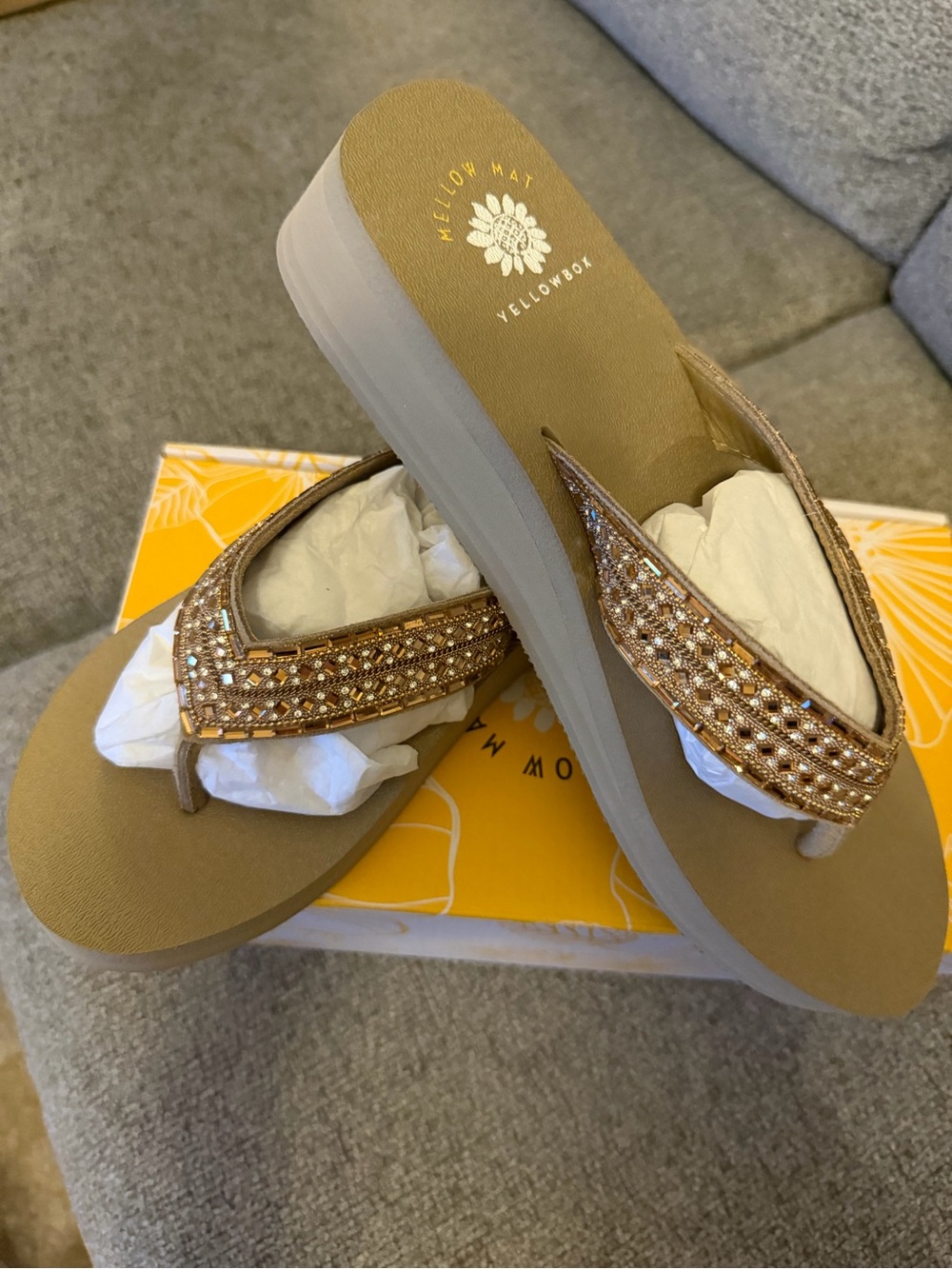 NIB Yellow Box Gold Beaded Wedge Thong Sandals